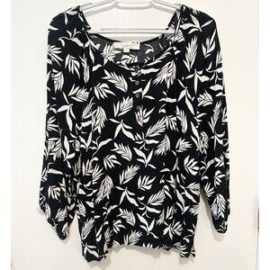 LOFT Black White Leaf Print Blouse XL Long Sleeve Button Front Rayon